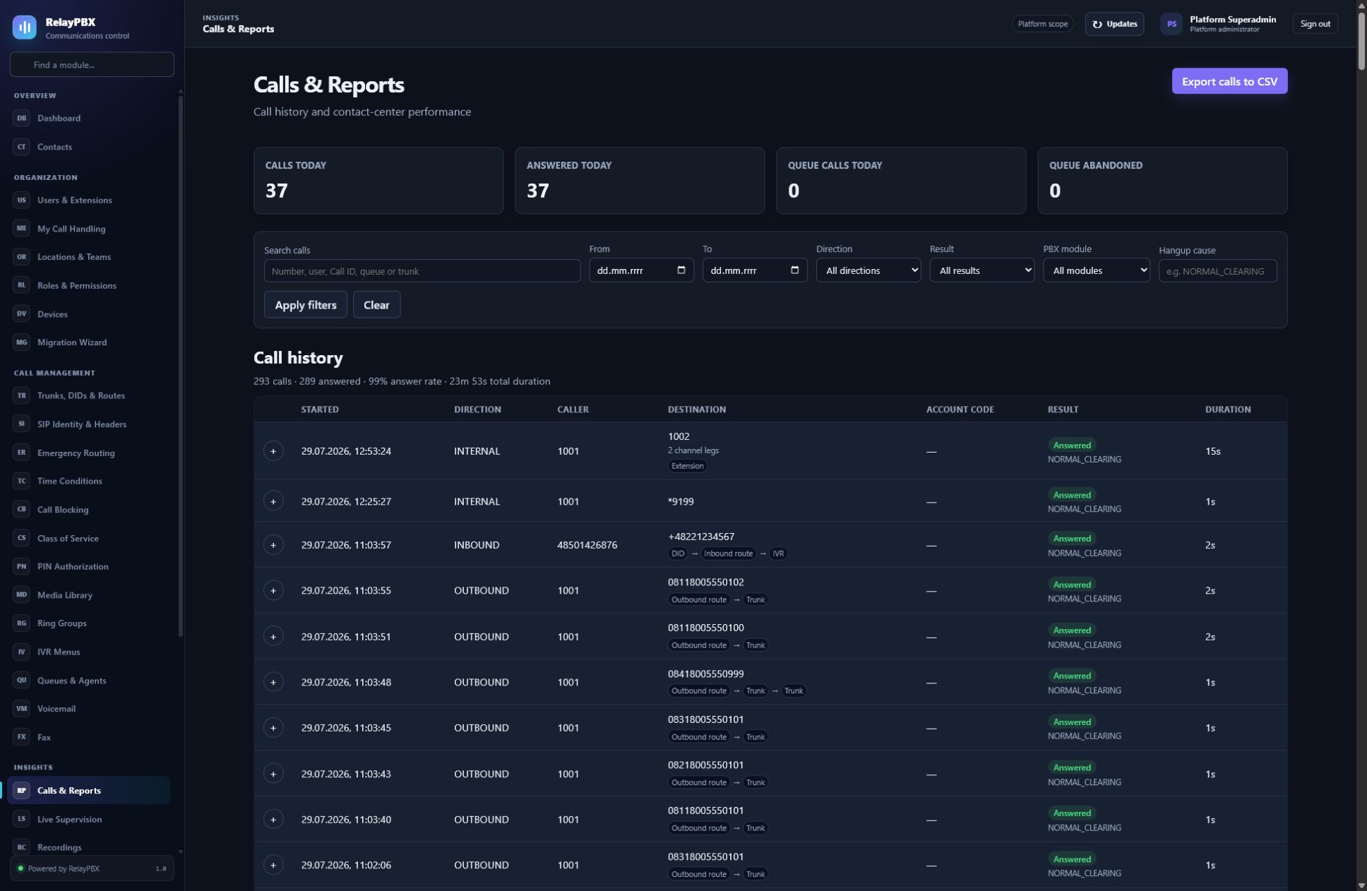 Calls & reports screen in RelayPBX