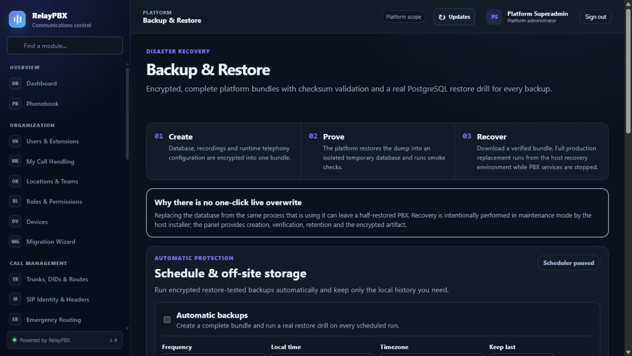Backup & restore screen in RelayPBX