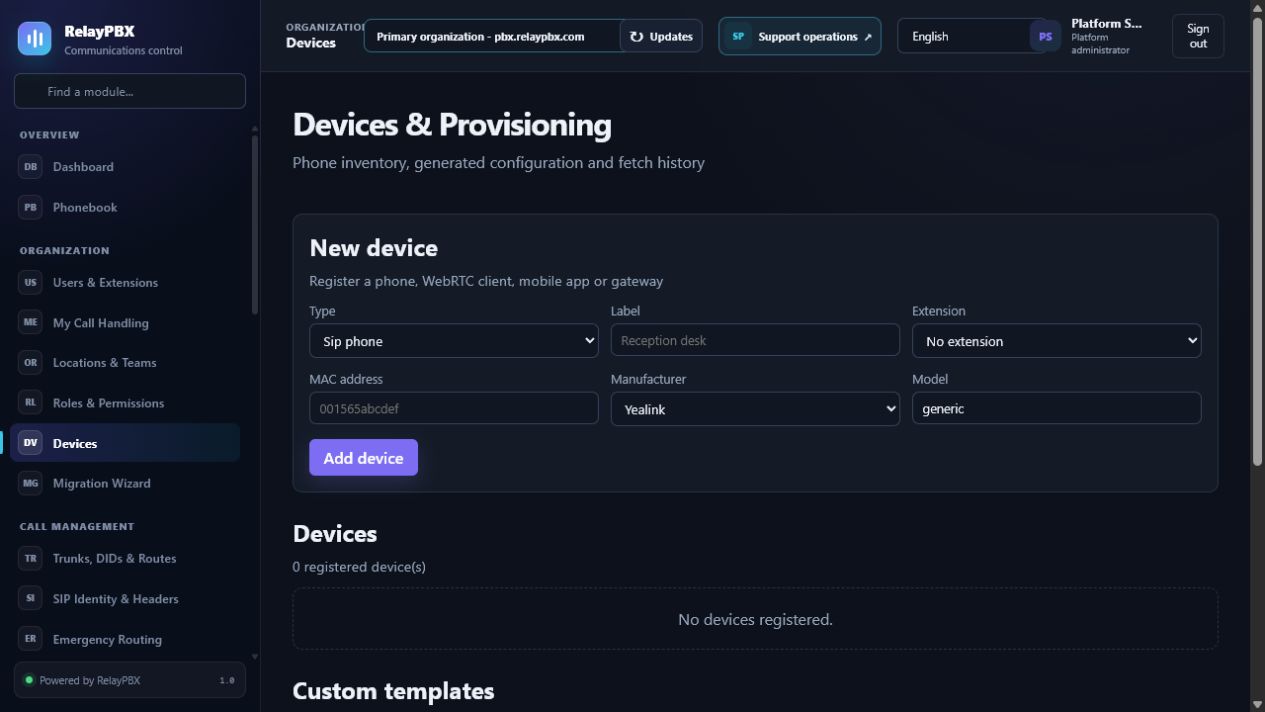 RelayPBX new hardphone form and device inventory