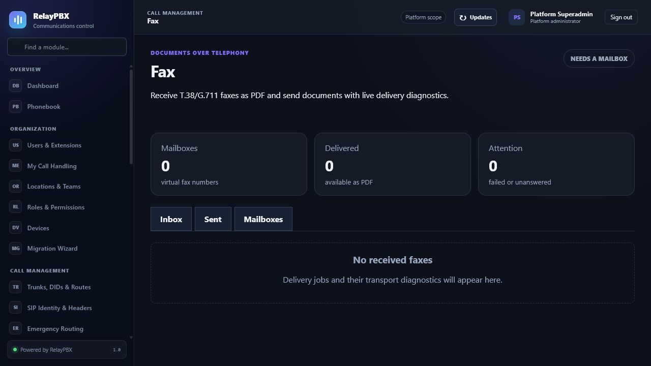 RelayPBX fax inbox and outbound fax workspace
