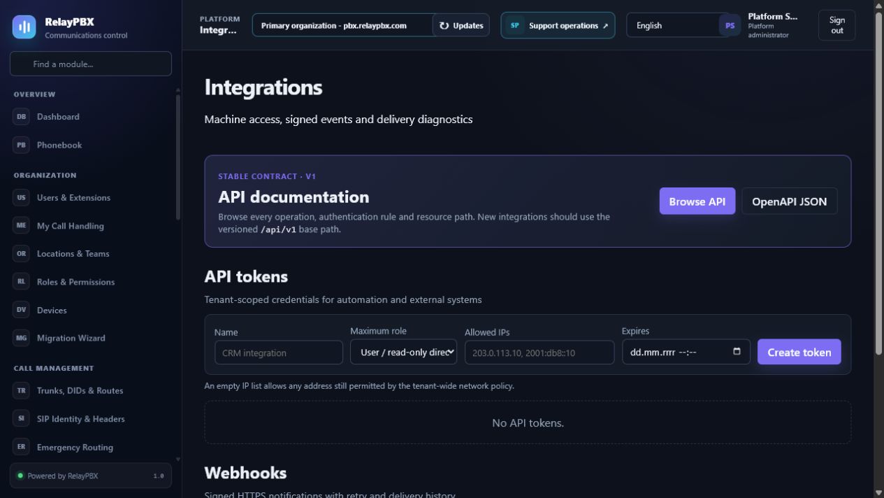 RelayPBX integrations page for API credentials and signed webhooks