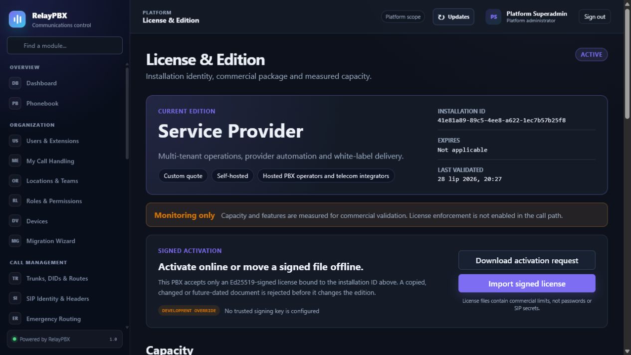 RelayPBX license and edition page with entitlement and capacity status