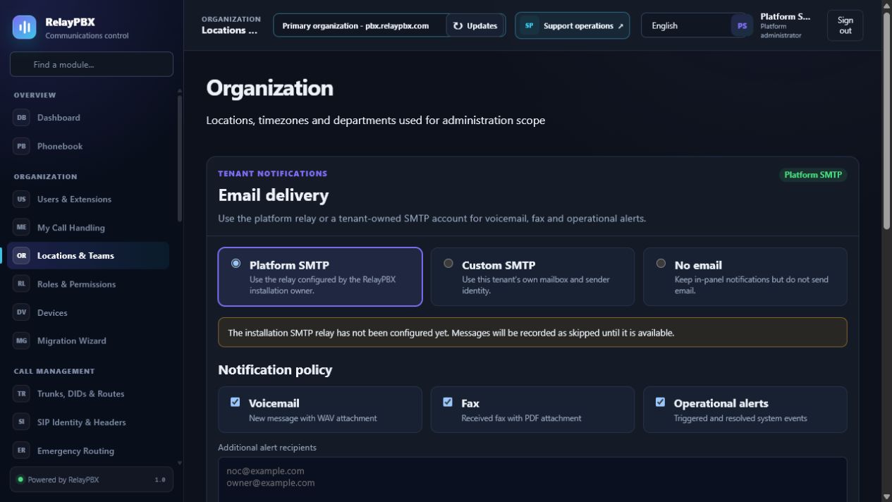 RelayPBX organization page for locations and teams
