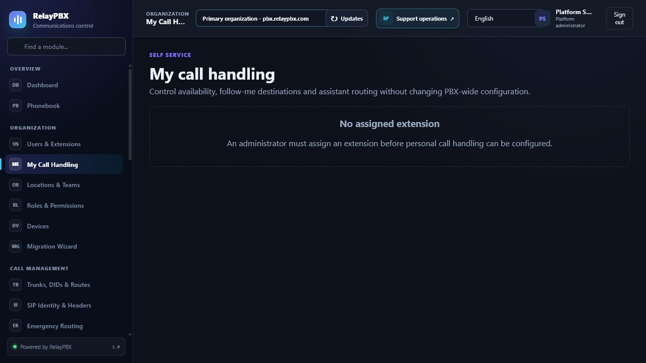 RelayPBX personal call handling page with forwarding, follow-me, DND and assistant controls