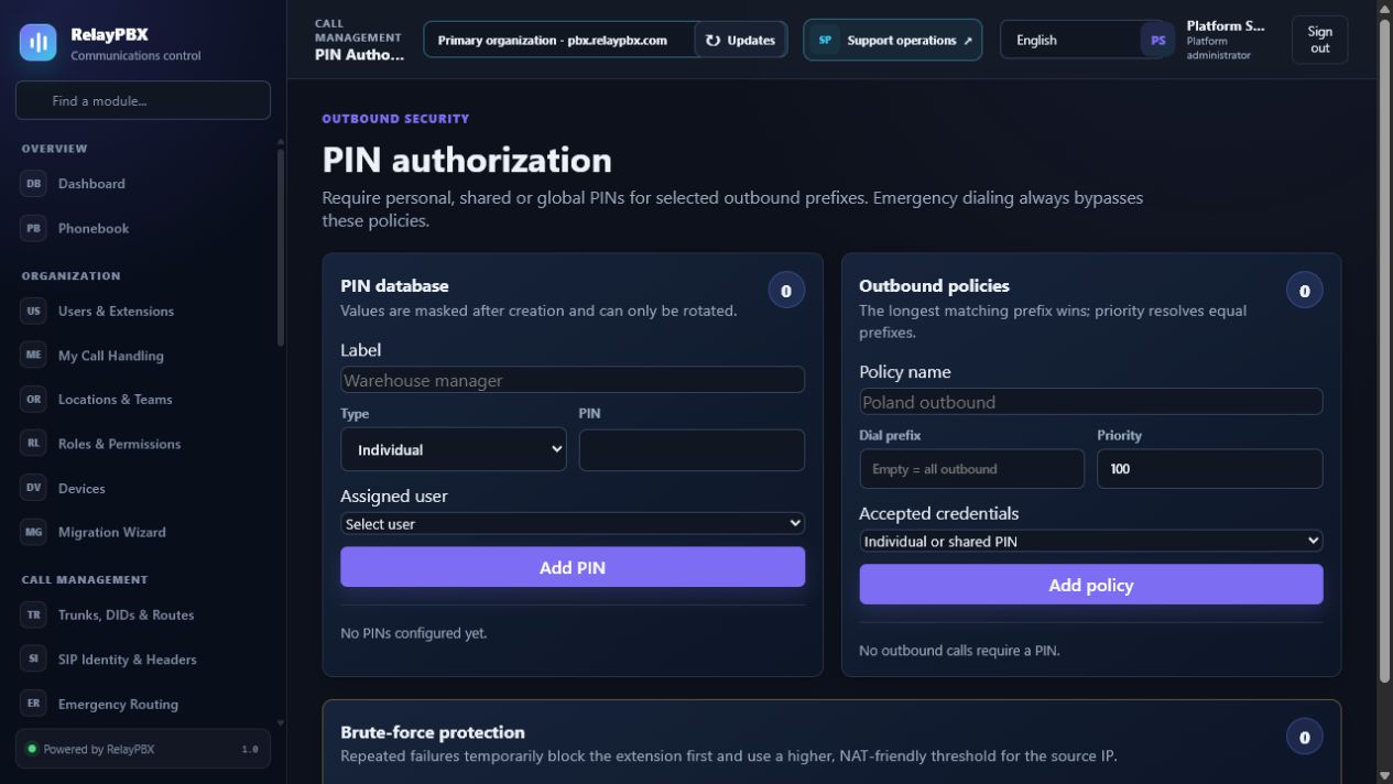 RelayPBX PIN authorization policy and code database