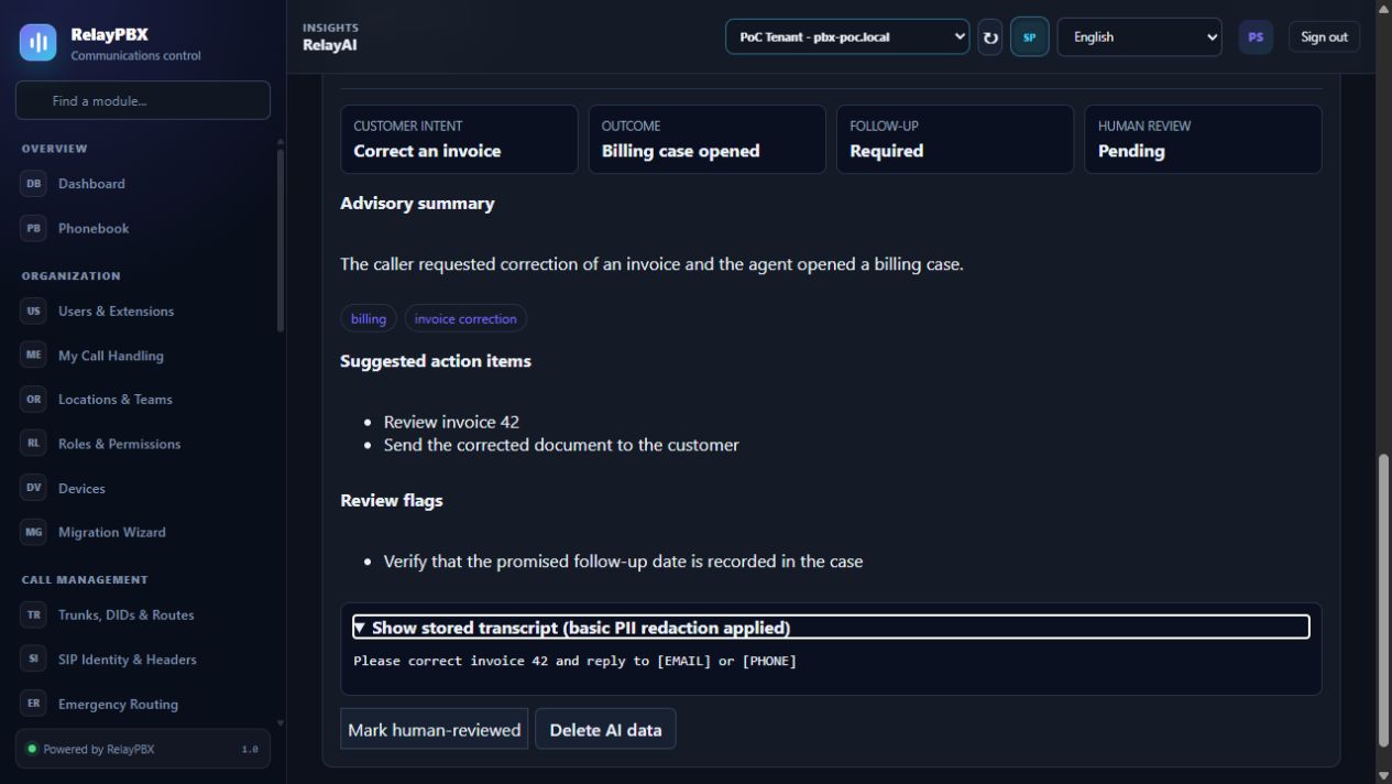 RelayAI recording analysis with redacted transcript, summary, topics and human review