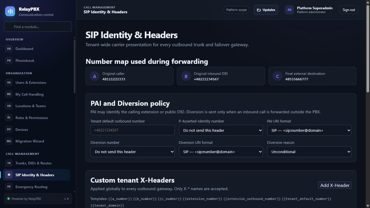 RelayPBX SIP identity and custom header policy editor