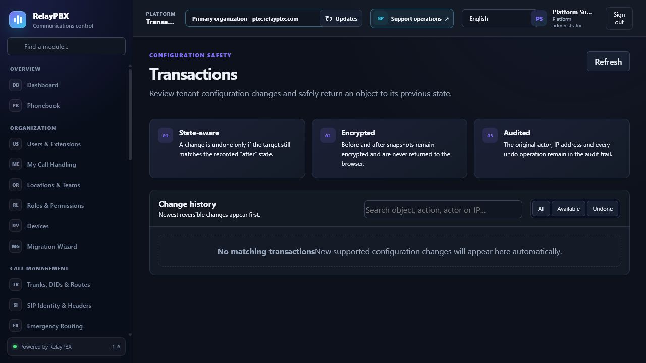 RelayPBX transactions view with configuration change and undo controls