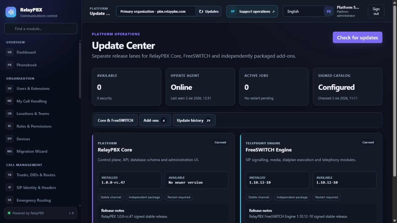 RelayPBX Update Center with separate Core, FreeSWITCH and add-on release lanes