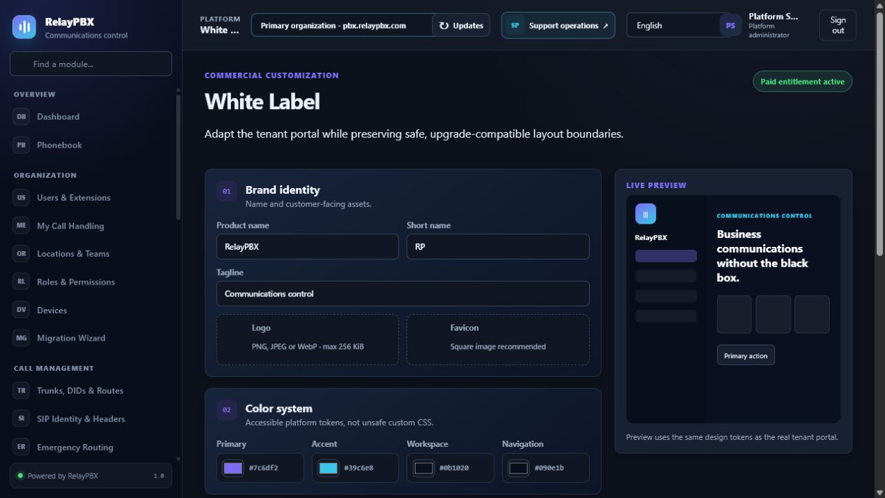 RelayPBX white-label branding and navigation editor